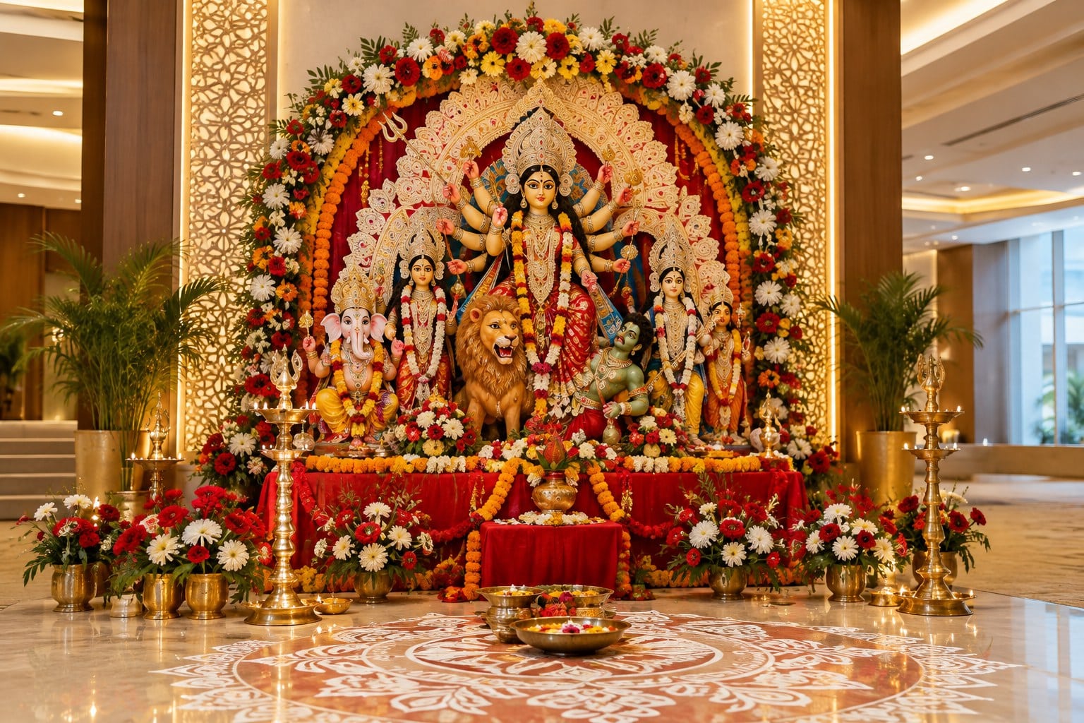 Decorated Maa Durga idol and marigold flowers at a traditional Durga Puja altar, illustrative image for Abu Dhabi festival planning