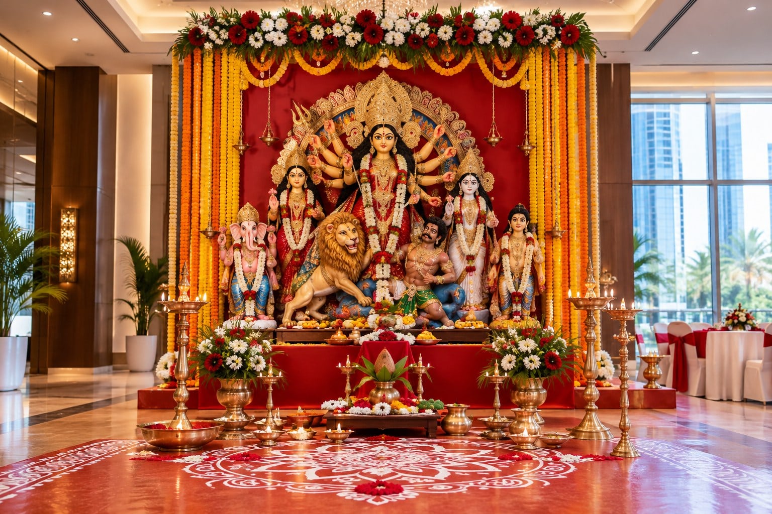 Durga Puja altar with Maa Durga idol and festive decorations for a Dubai community celebration