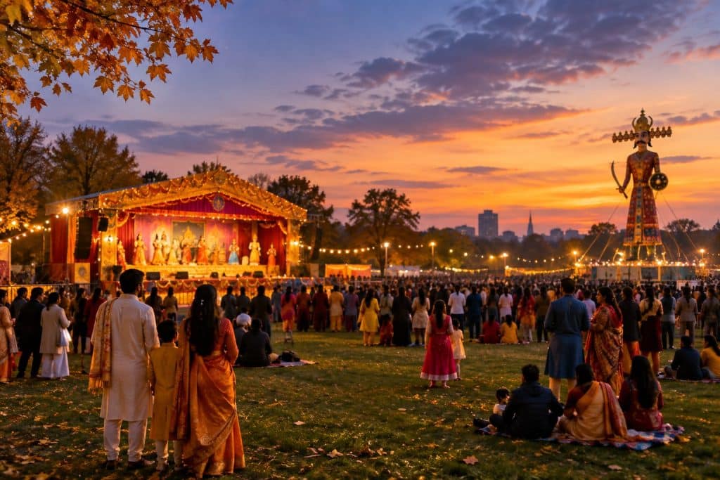 Dussehra festival artwork for the London 2026 date and temple guide